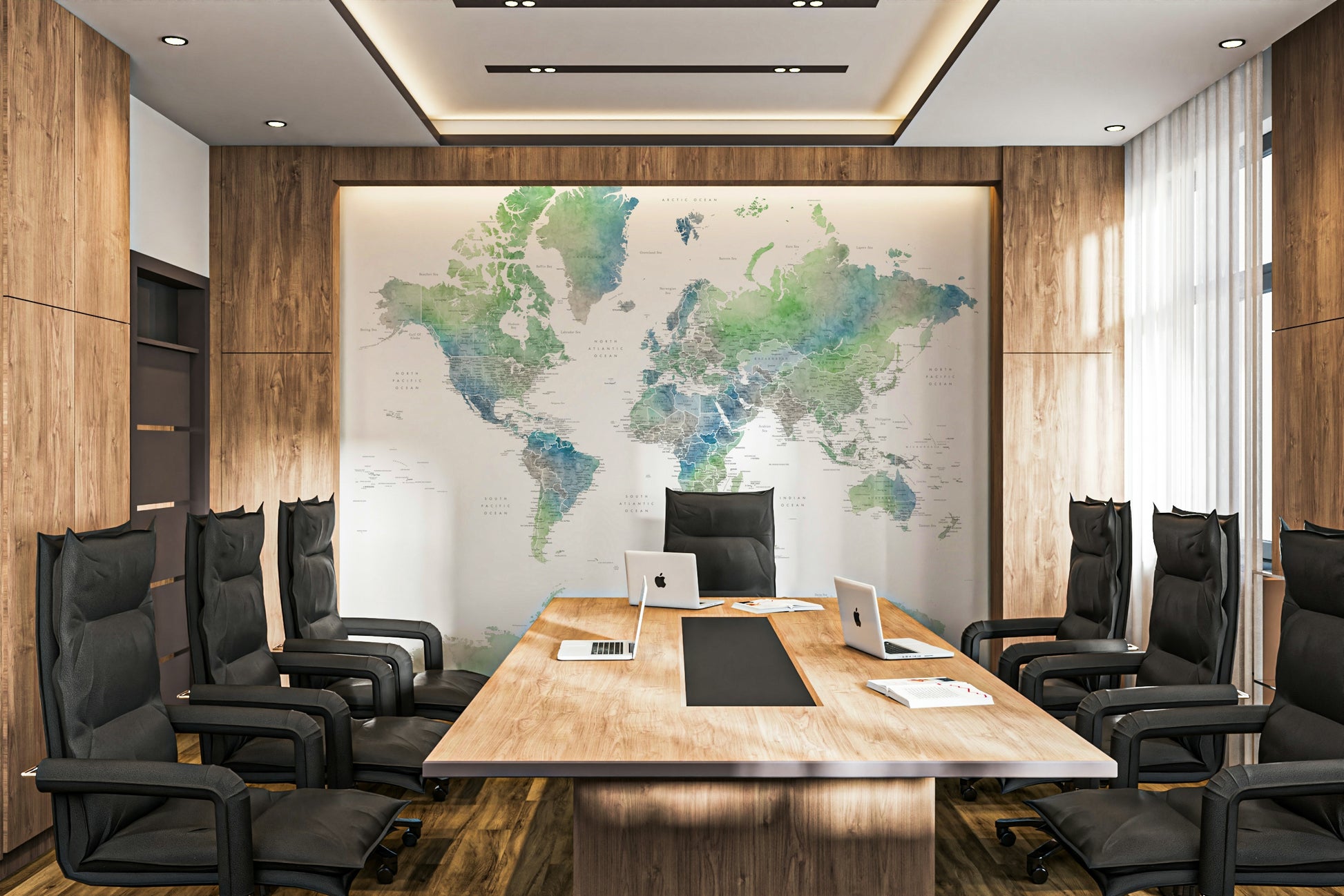 Calm green world map wallpaper for modern interiors

