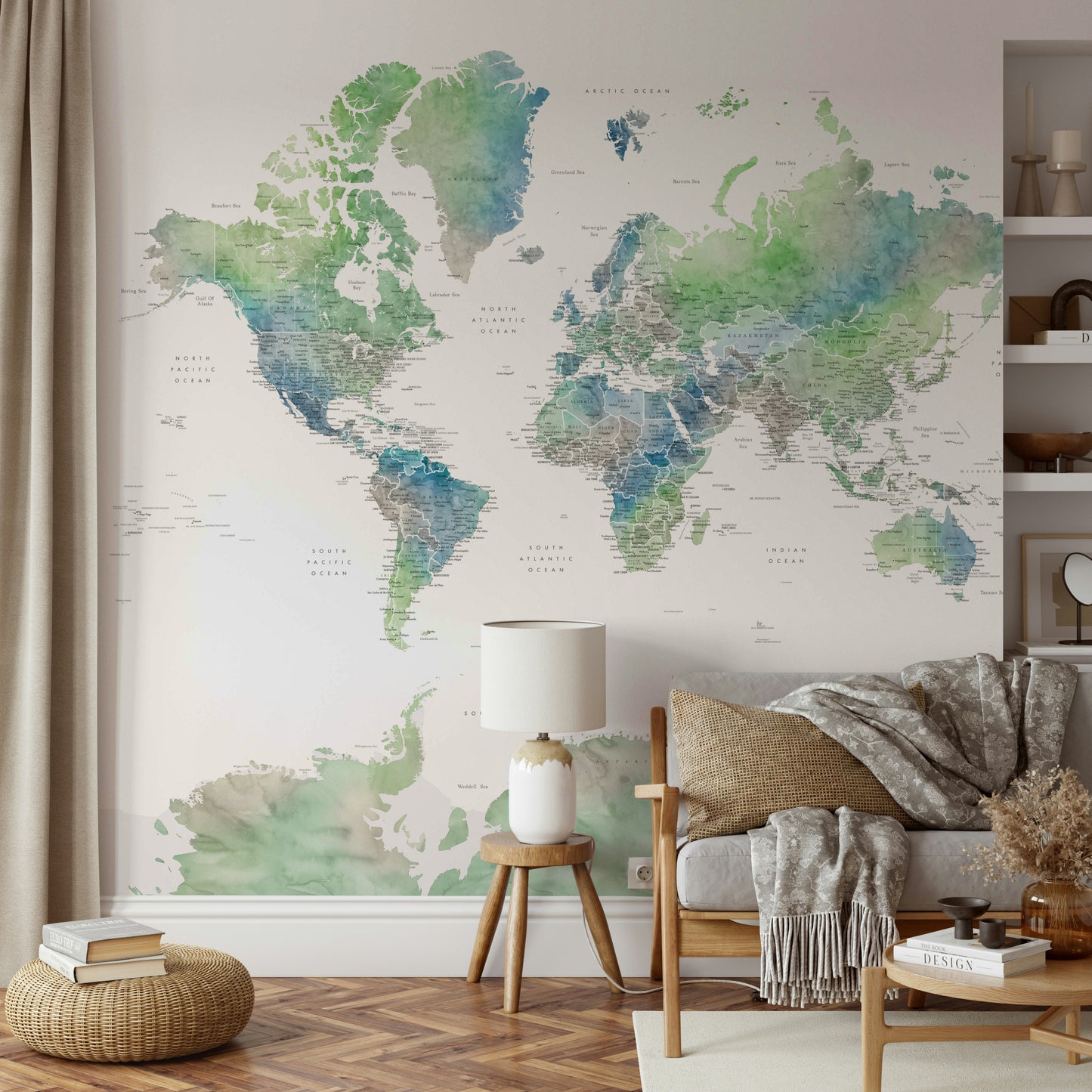 Nature-inspired green map wallpaper for nurseries

