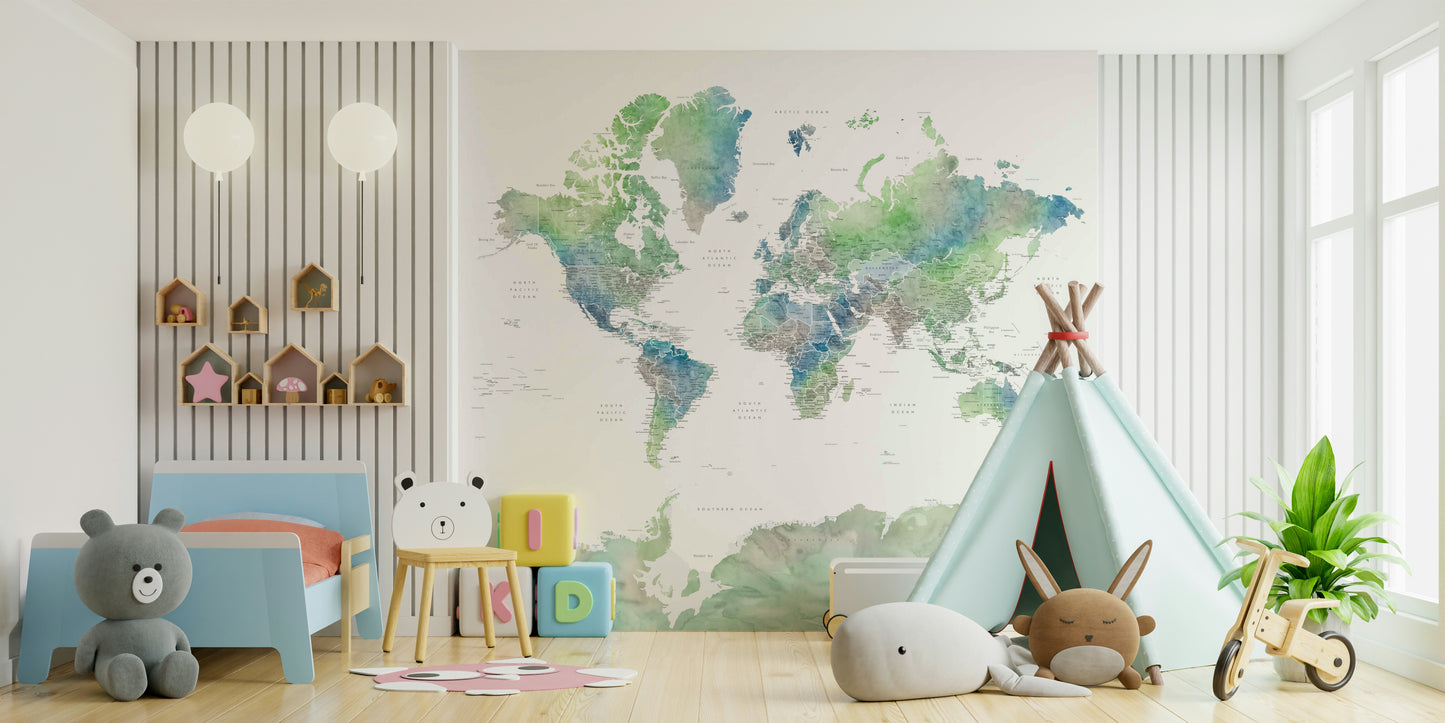 Gentle green map mural in watercolor effect

