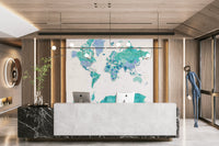 Contemporary turquoise watercolor wallpaper with world map

