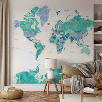Turquoise watercolor world map wallpaper for modern walls

