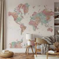 Pastel-themed world map wall décor for soft interiors

