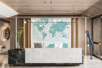 Aqua-toned global map wallpaper for modern interiors

