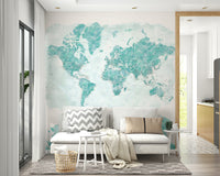 Vibrant aqua world map for travel-inspired rooms

