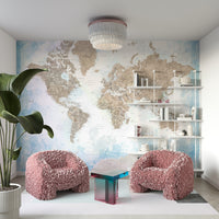 Soft-toned map mural with sky blue and beige colors

