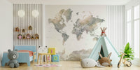 Soft earth-toned wallpaper with global map design

