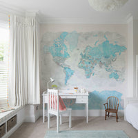Artistic world map in pastel blue watercolor style

