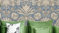 Botanic damask wallpaper in cream, slate blue, and grey

