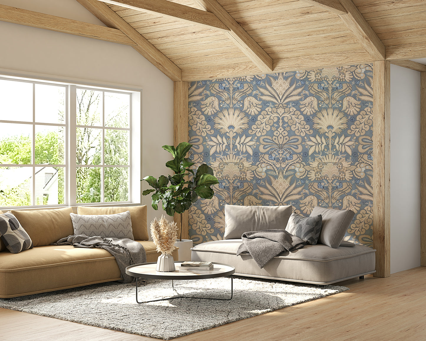 Soft cream wallpaper with blue floral damask design

