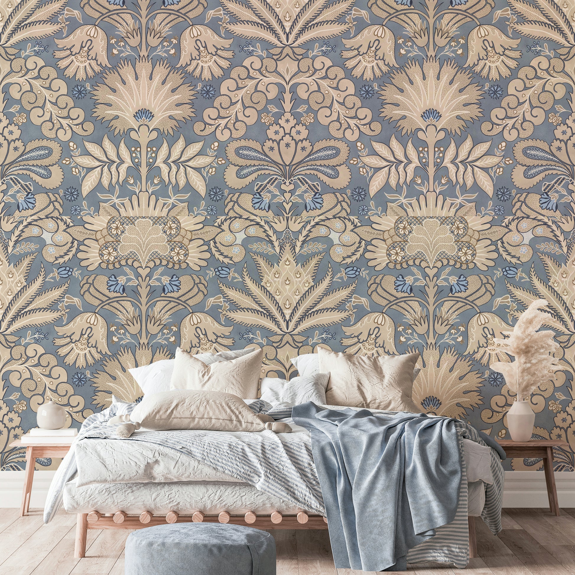 Timeless interior featuring cream and blue wallpaper

