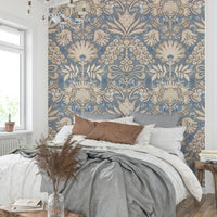 Neutral and blue botanic damask wallpaper close-up

