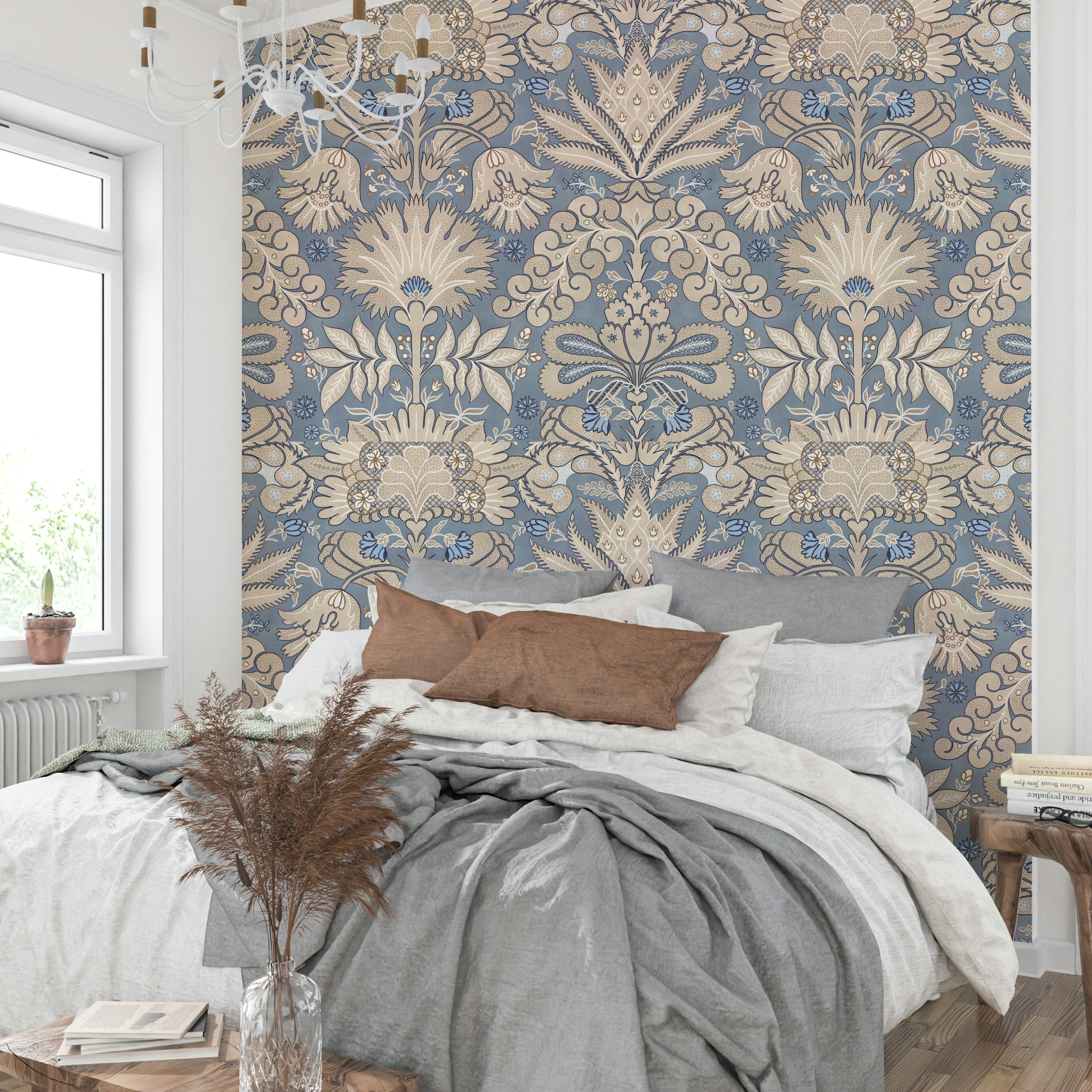Neutral and blue botanic damask wallpaper close-up

