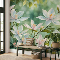 Floral wallpaper featuring whimsical white flower patterns

