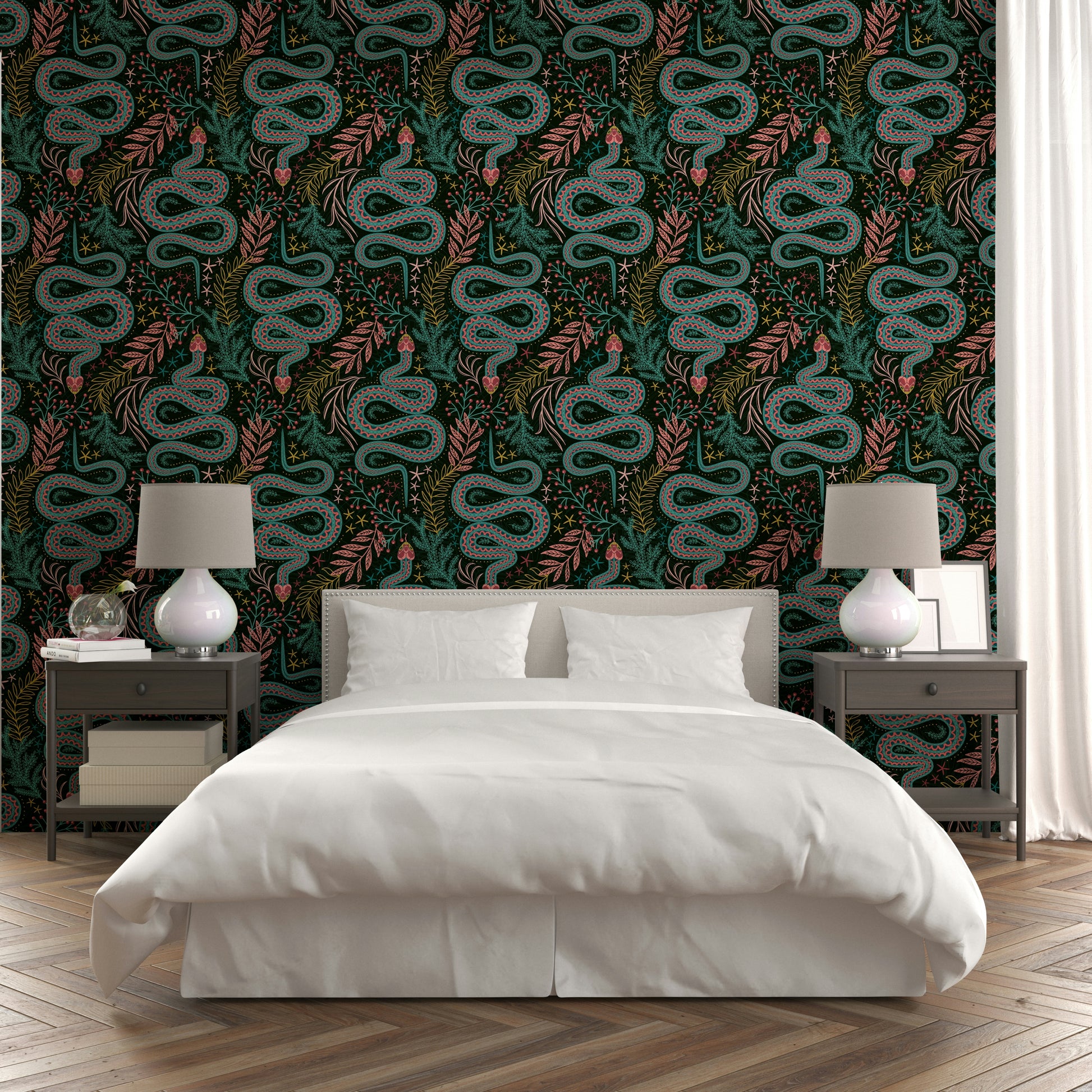Red-sided garter snake wallpaper for bold interiors

