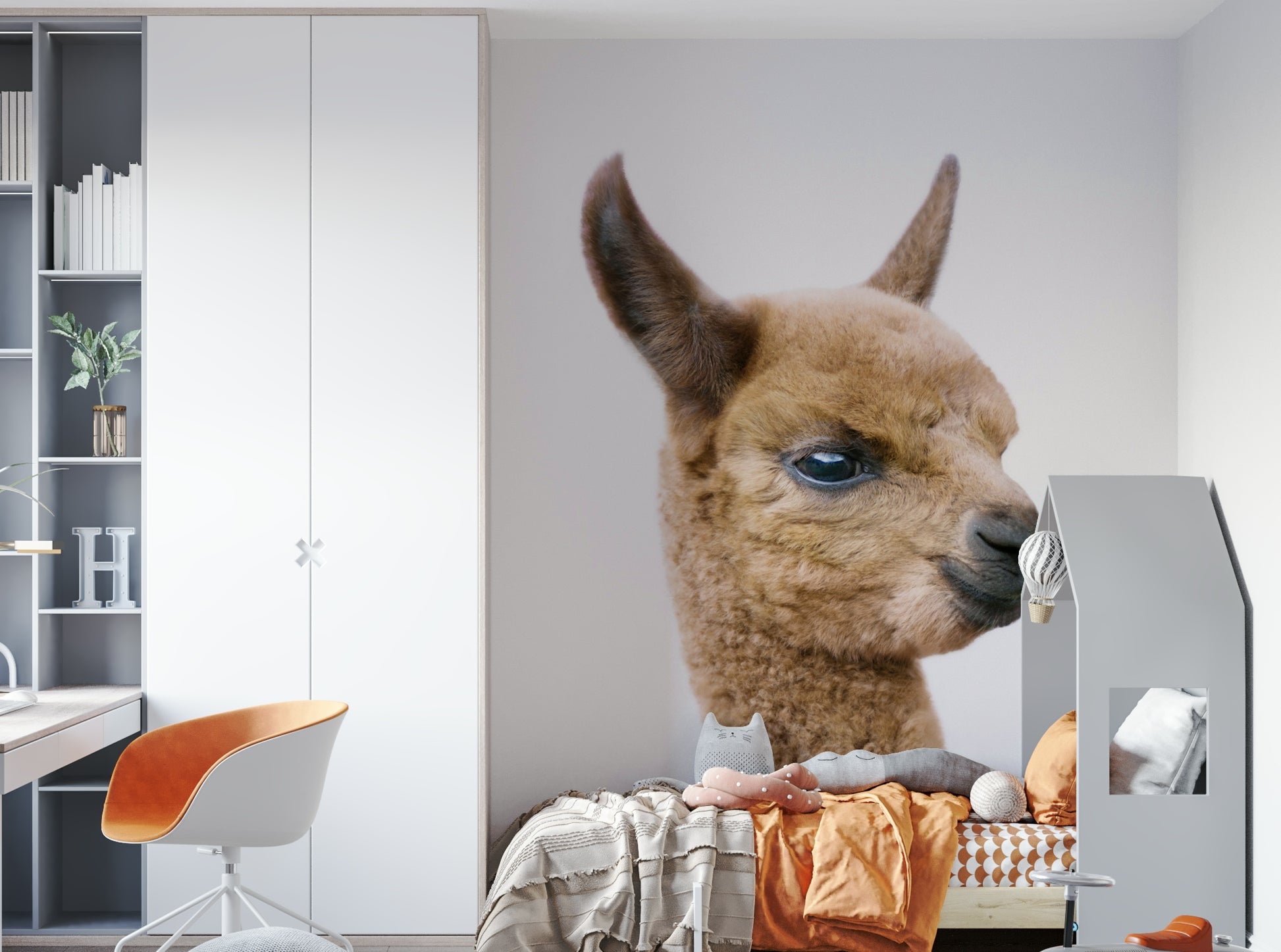 Soft pastel mural featuring baby llamas and patterns

