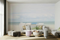 Village-inspired wallpaper with blue rooftops

