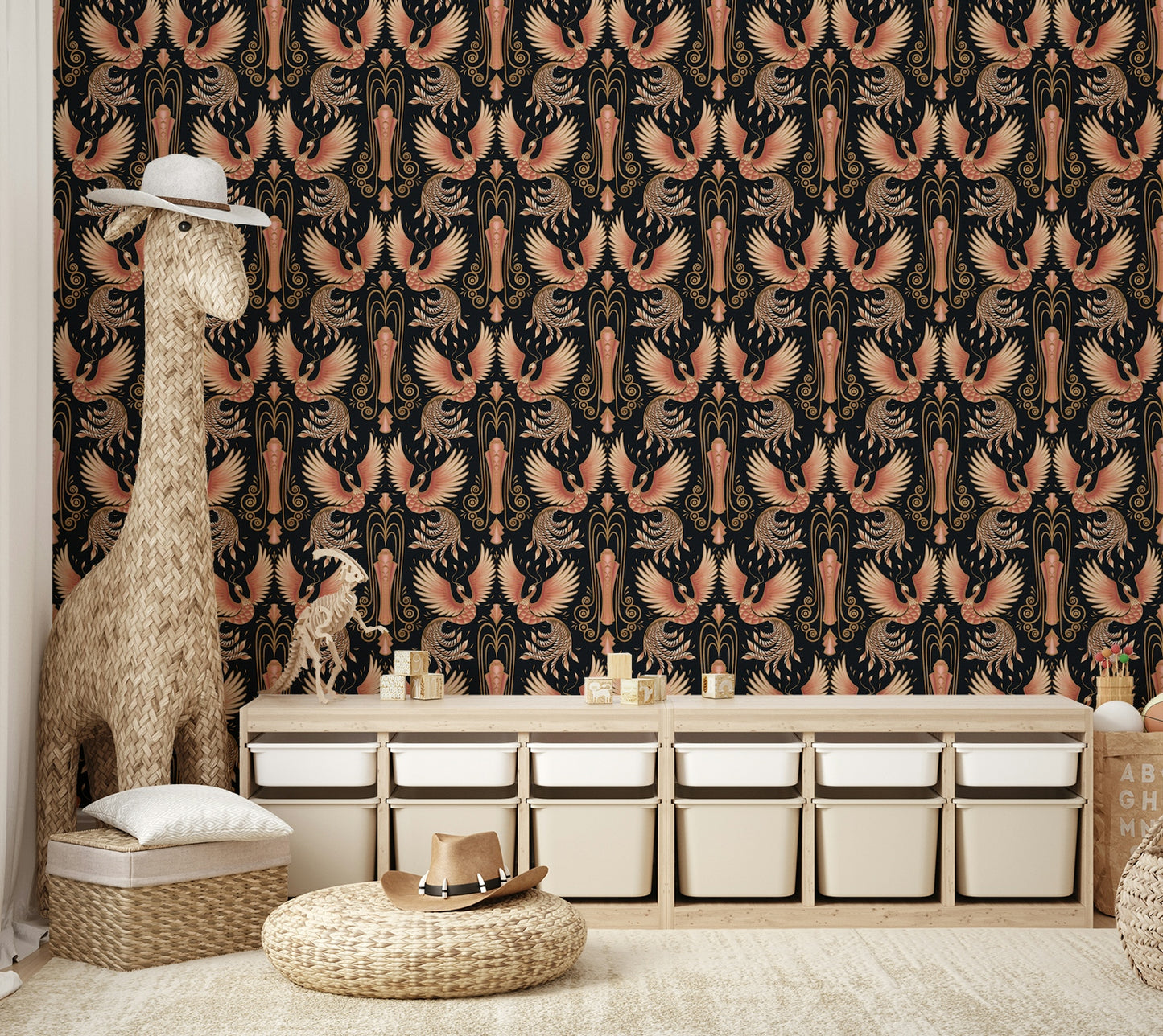 Phoenix wall art mural with warm golden hues

