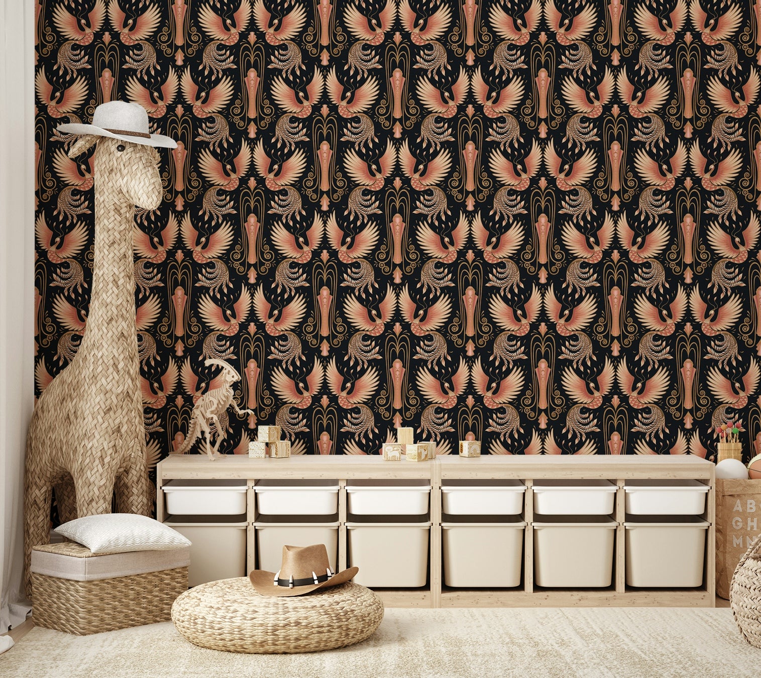 Phoenix wall art mural with warm golden hues

