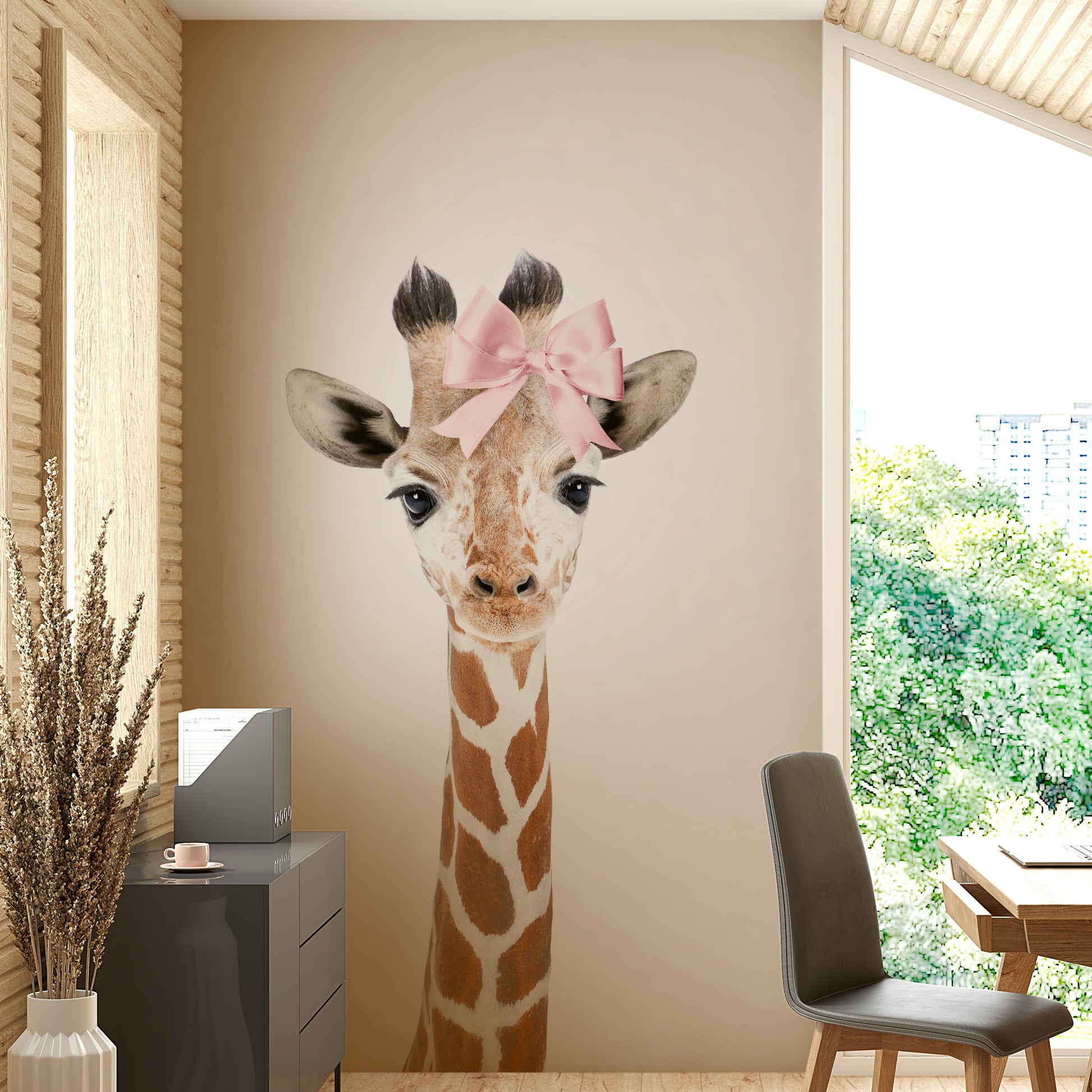 Hand-drawn baby giraffe with bow for kids’ rooms.