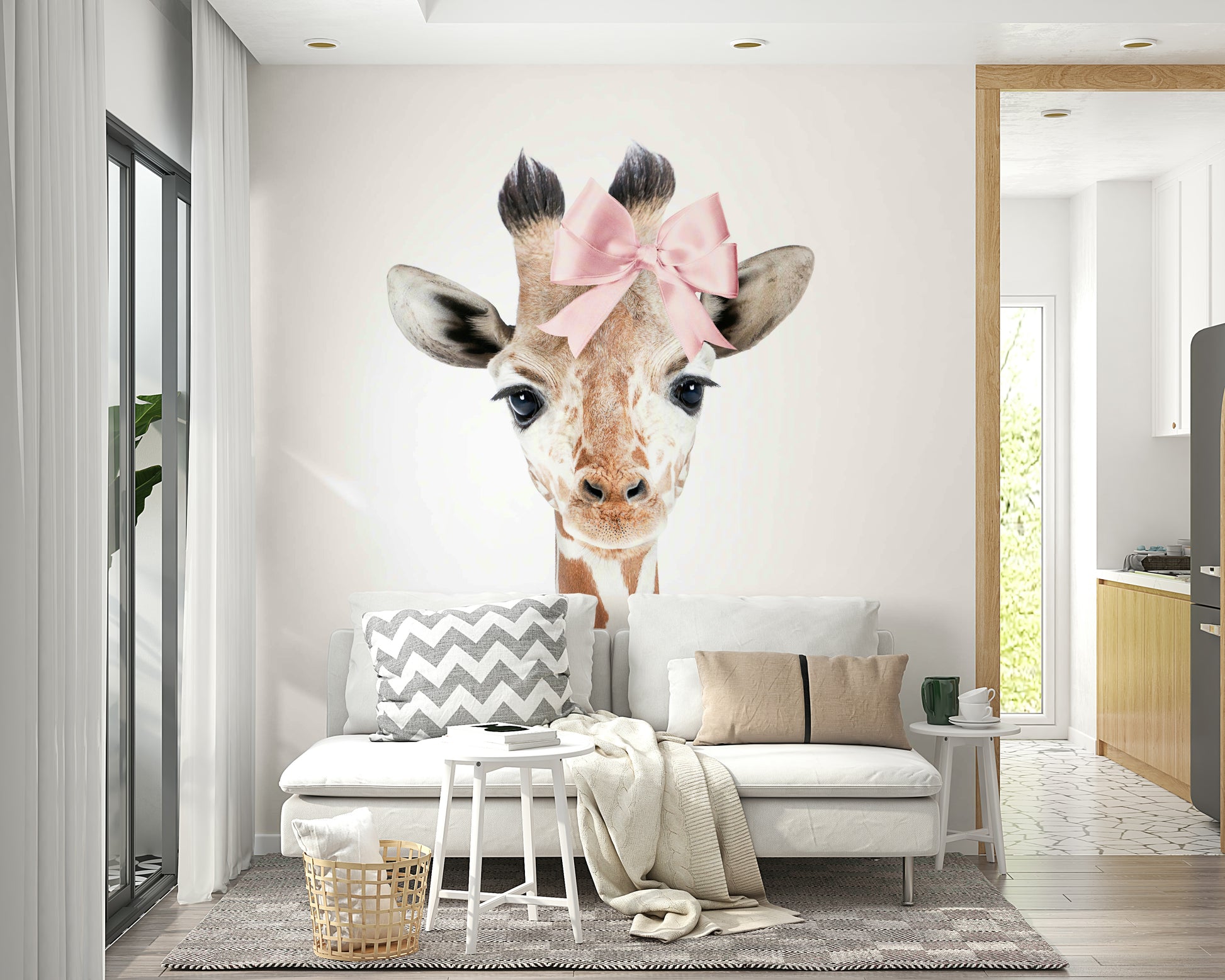 Adorable baby giraffe with bow wallpaper mural