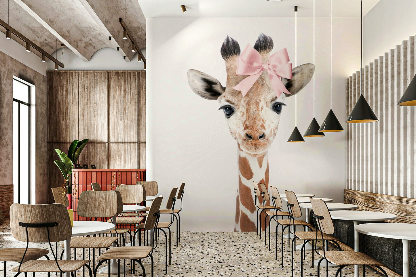 Playful baby giraffe mural with bow in watercolor style