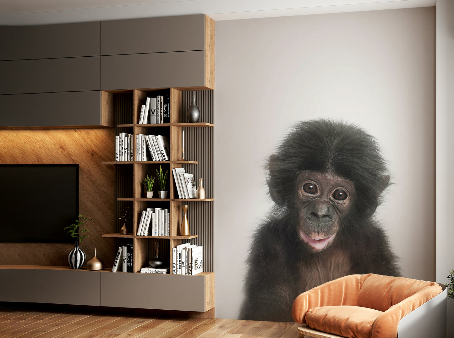 Whimsical baby monkey wallpaper with hanging vines.