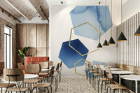 Abstract blue and gold geometric wallpaper for living rooms."