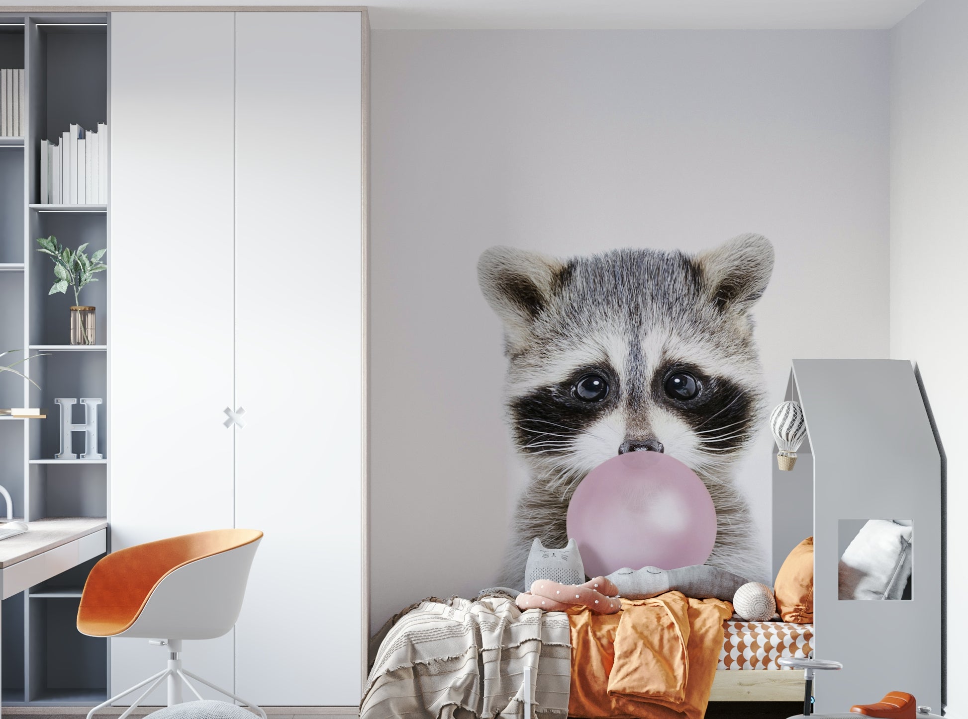 Cute bubble gum raccoon mural for nursery walls