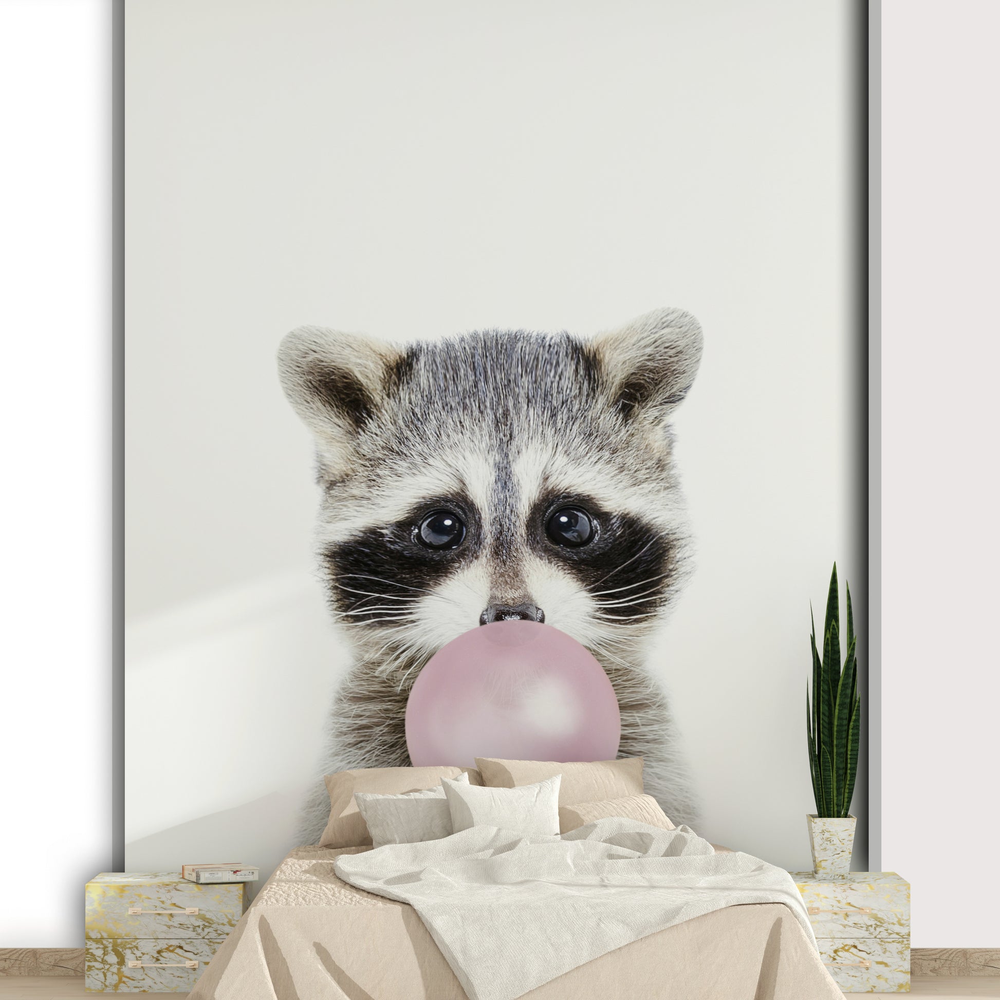 Fun bubble gum raccoon wallpaper mural for kids' rooms