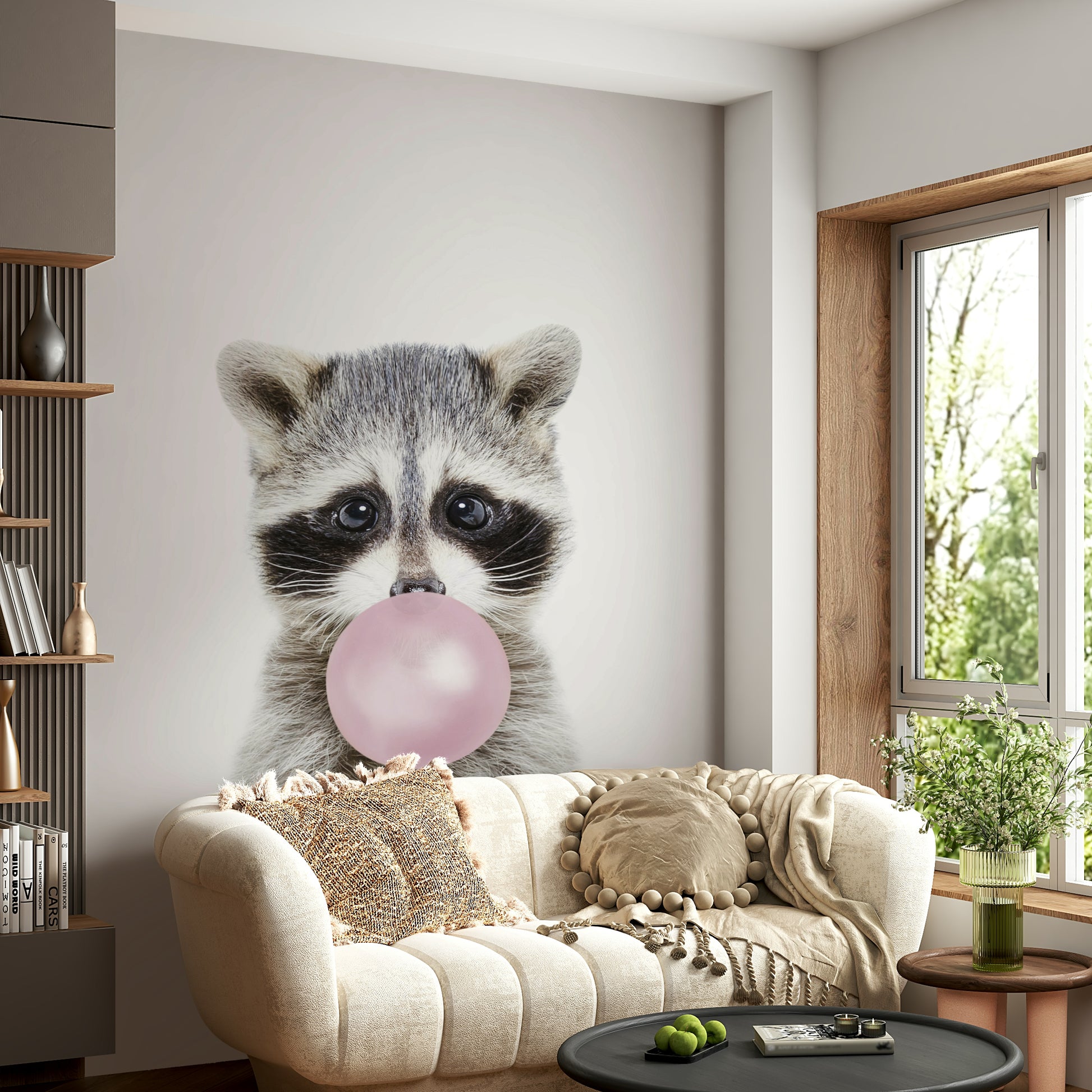 Adorable raccoon blowing bubble gum on wall mural