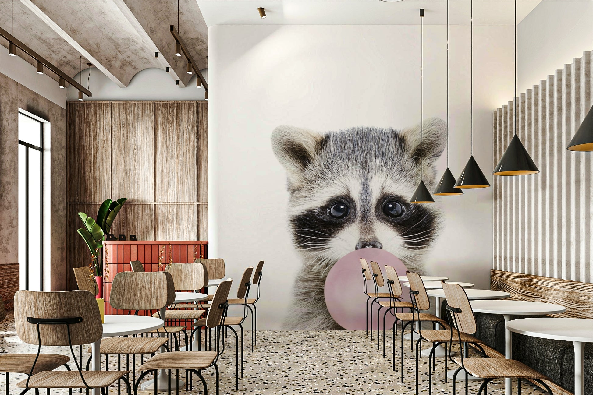 Playful bubble gum raccoon wall mural for creative decor
