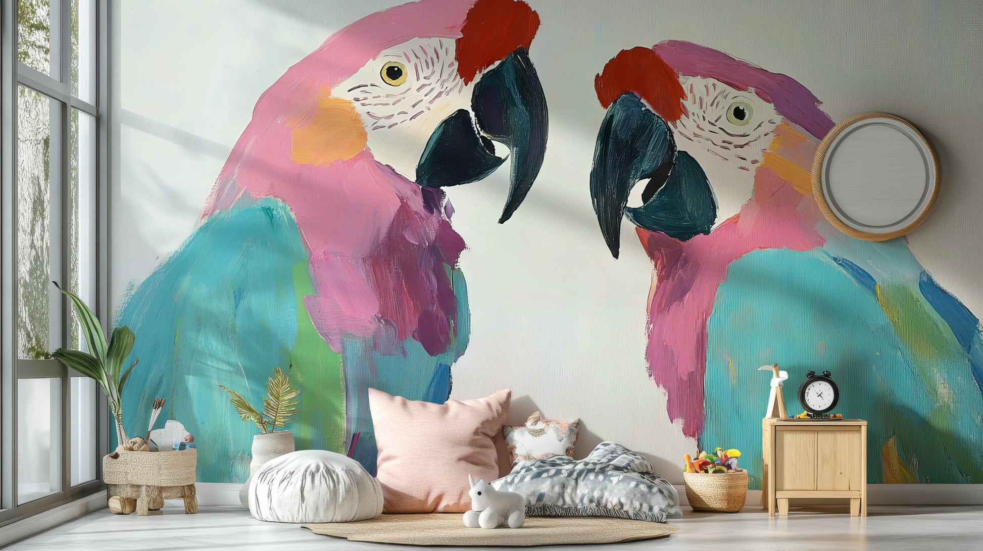 Vibrant parrot wallpaper with foliage

