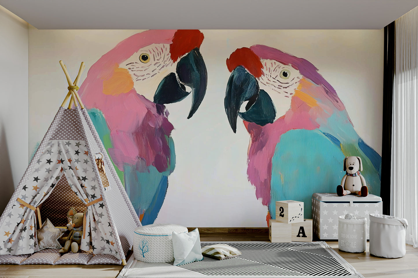 Jungle scene wallpaper with macaws

