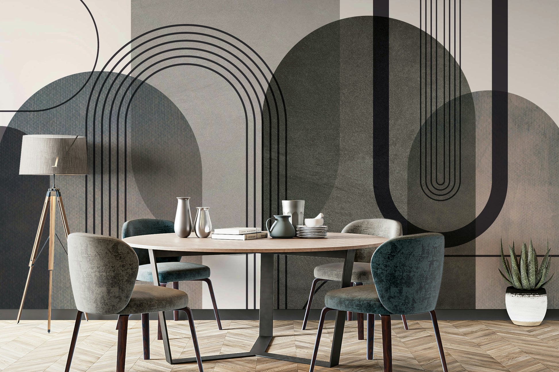 Geometric arch wallpaper in dull hues

