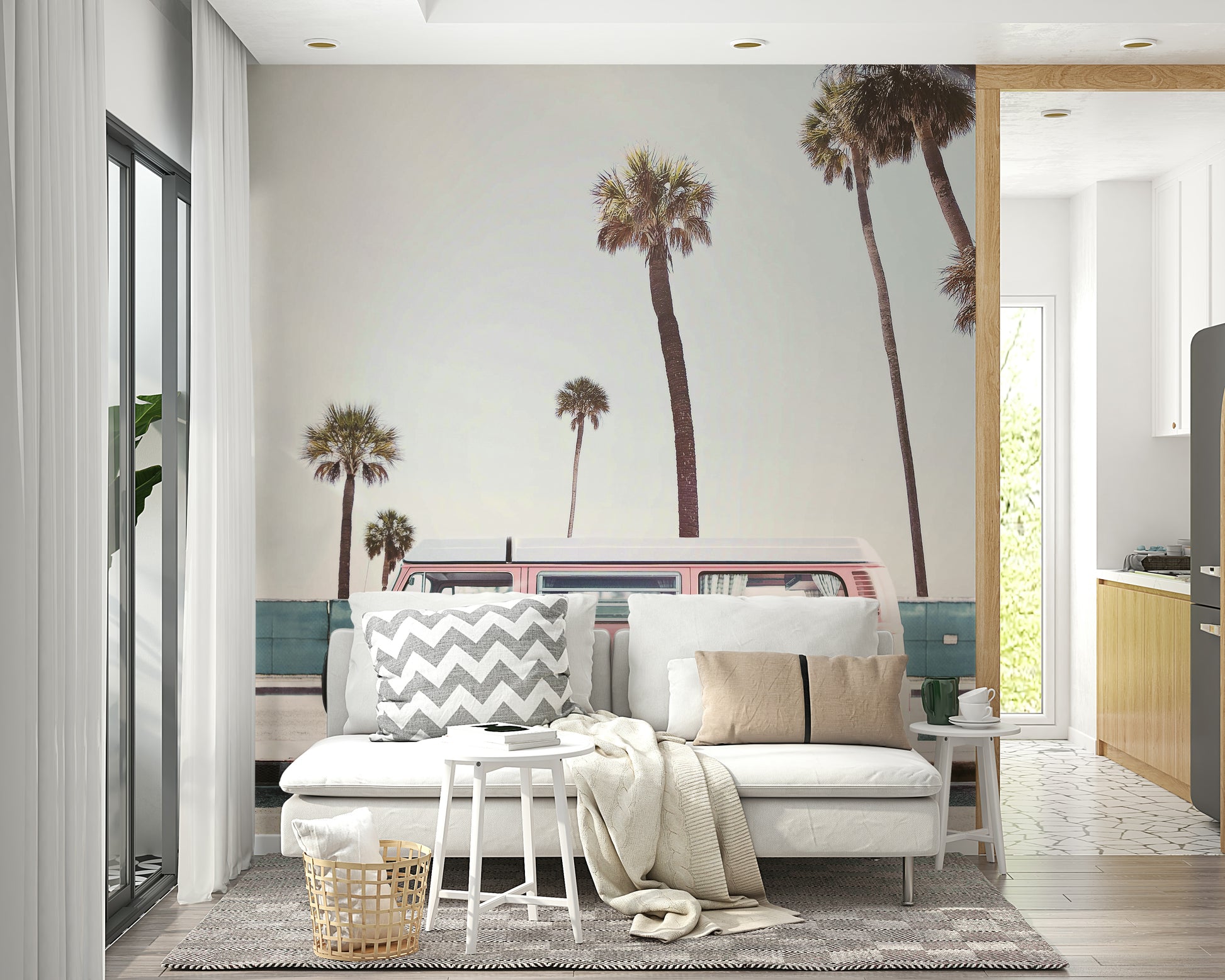 Cute pink van wallpaper for children’s rooms

