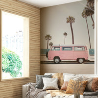 Whimsical pink van wallpaper for a bold look

