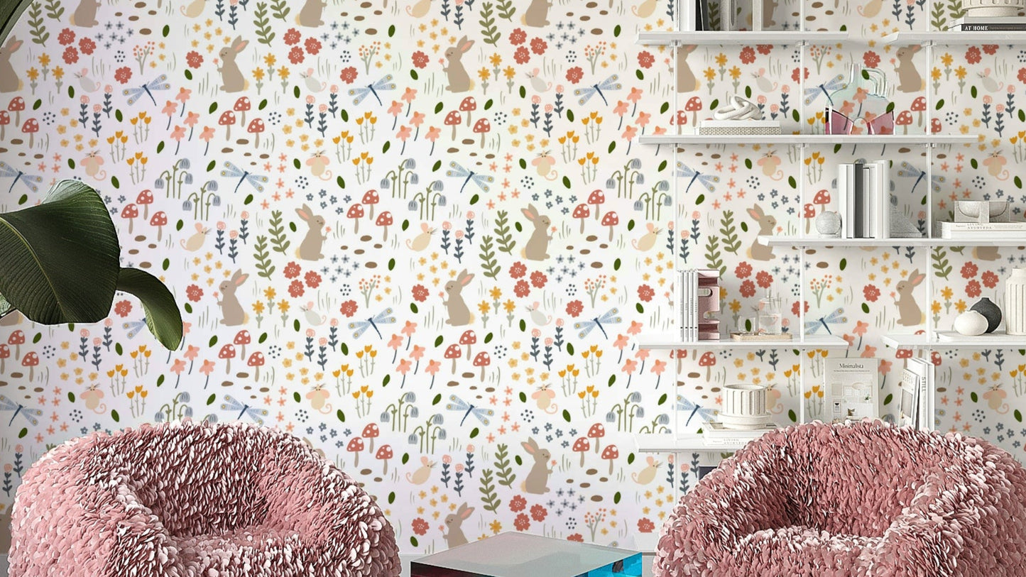 Bunny and mouse wall mural for kids’ room

