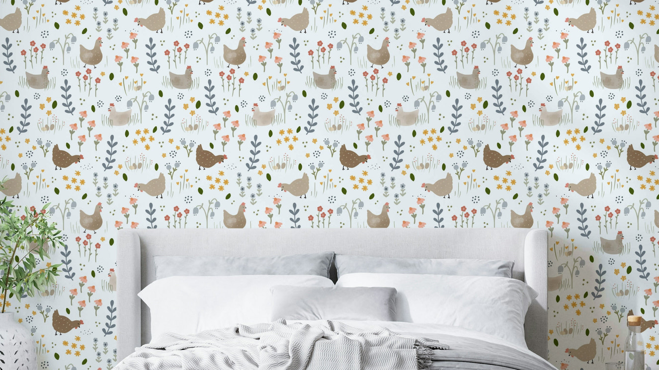 Hen and wildflower pattern wallpaper for walls

