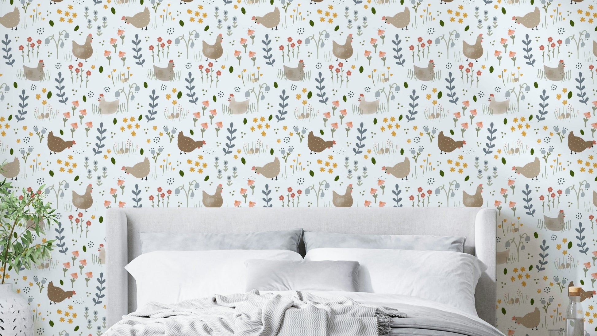 Hen and wildflower pattern wallpaper for walls

