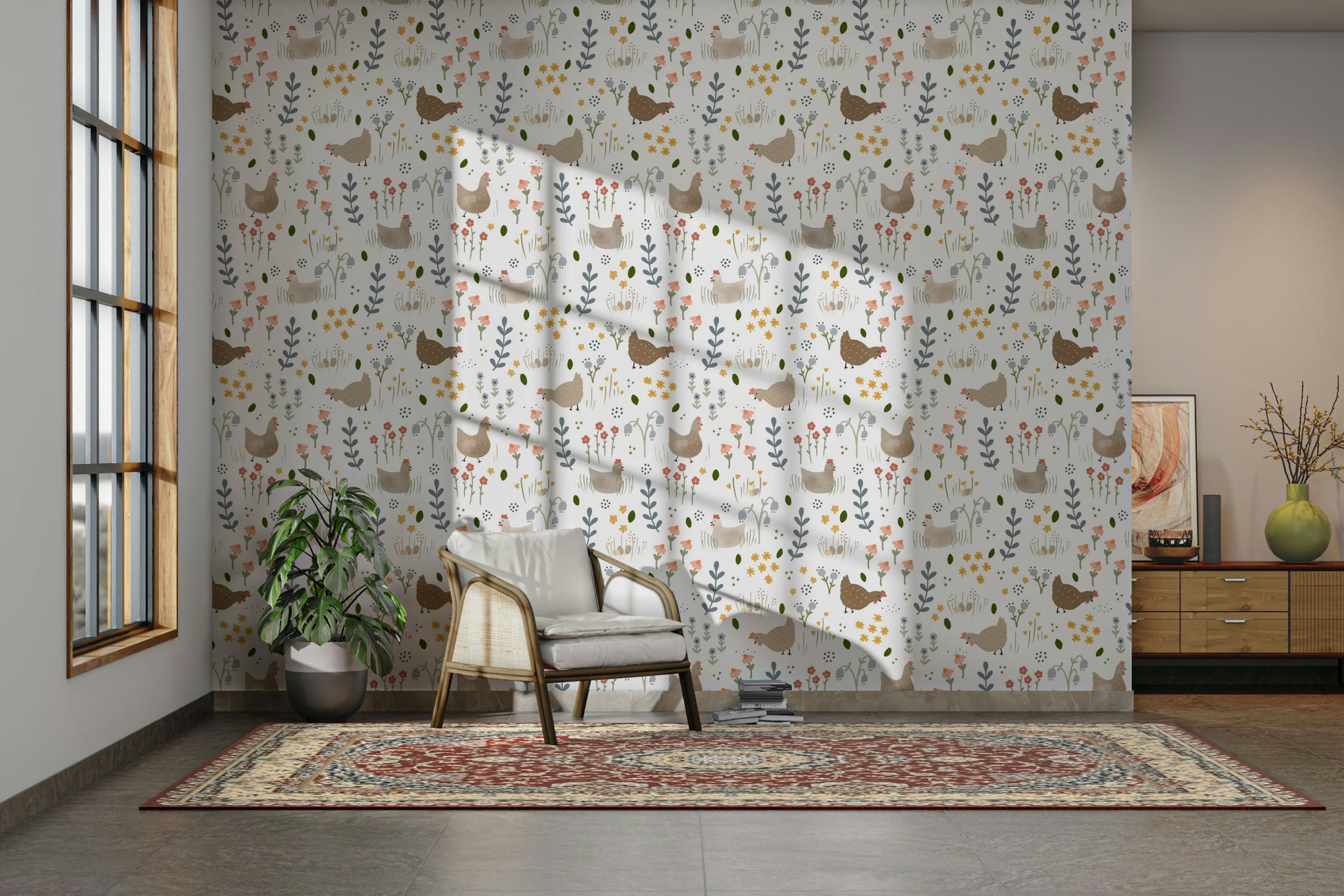 Floral chicken pattern wallpaper for kids

