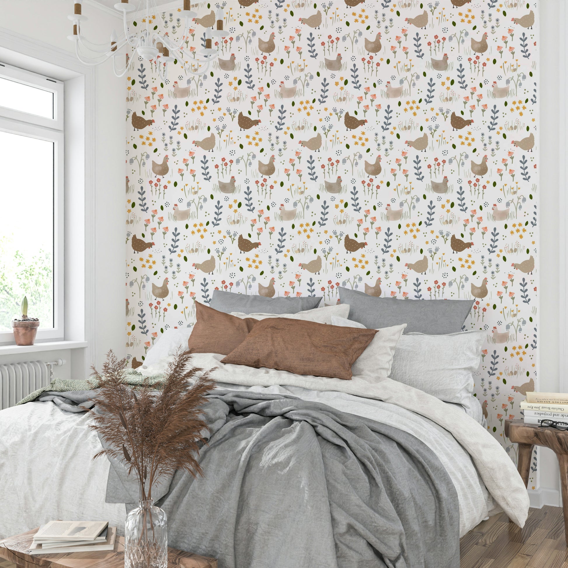 Rustic chicken and blooms wallpaper mural

