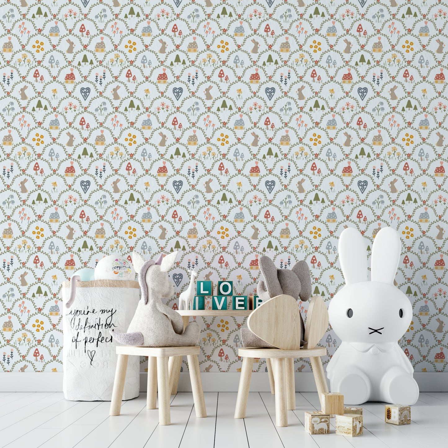 Bunny and mushroom wallpaper for nursery

