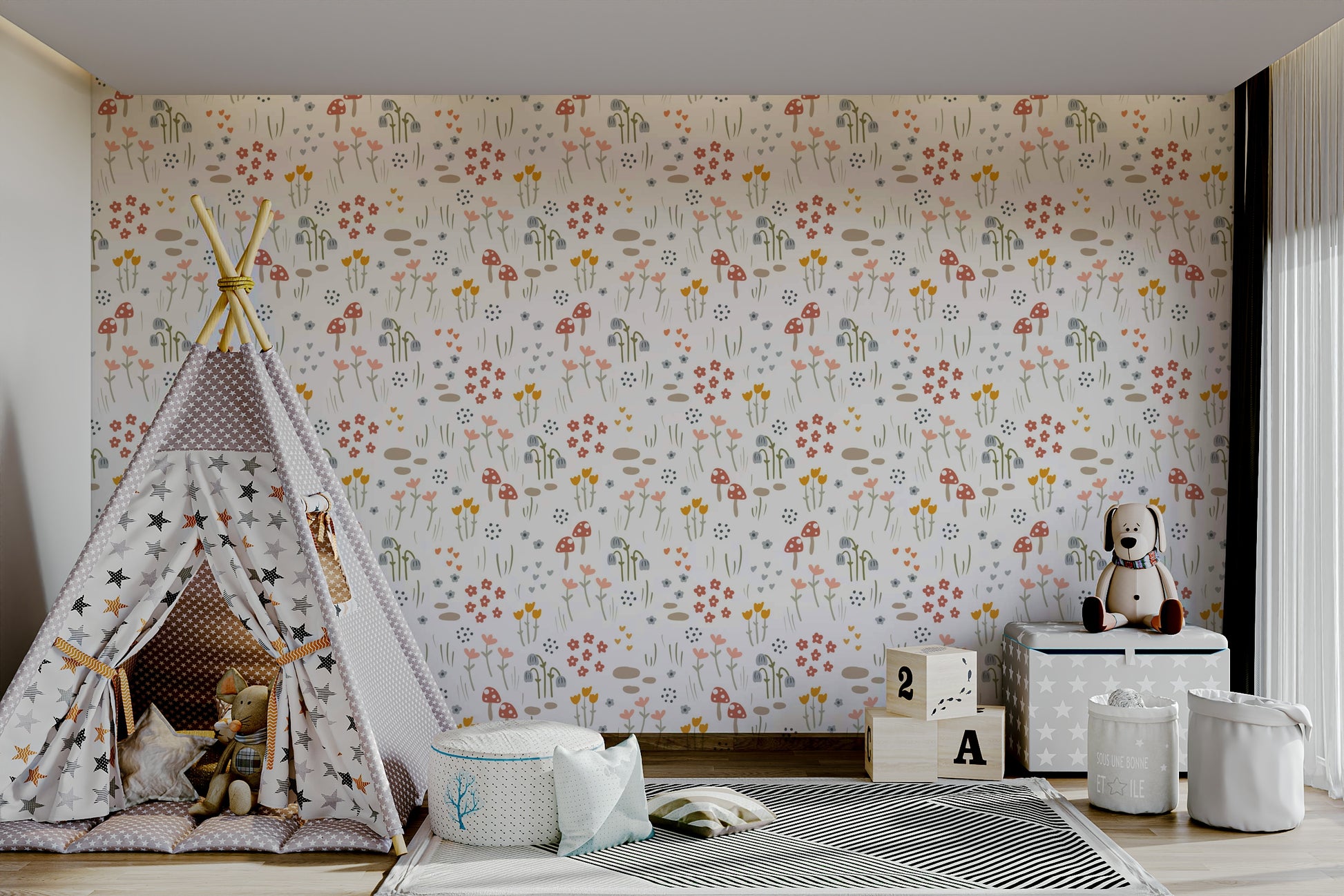 Pastel flower and mushroom wall print

