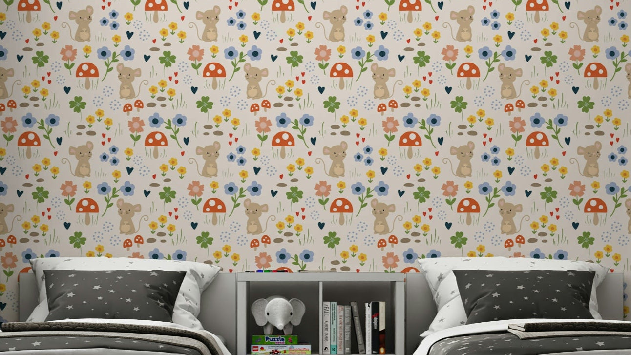 Mouse and flower wall mural for kids

