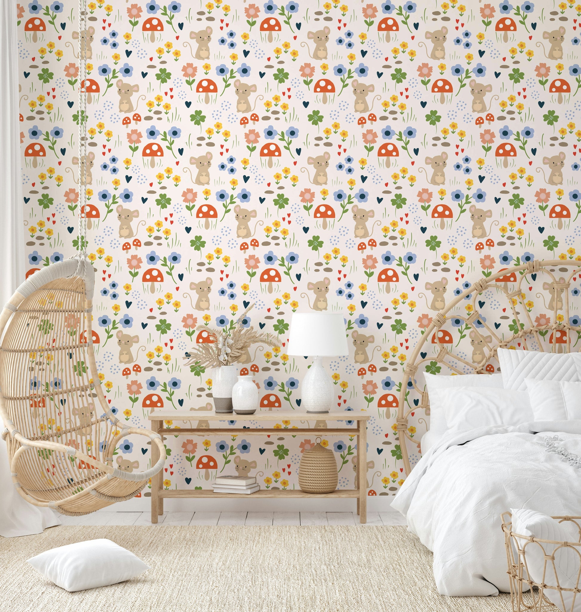 Fun mouse mural with colorful blossoms

