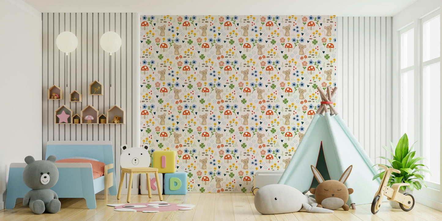 Kids room wallpaper with mouse and flora

