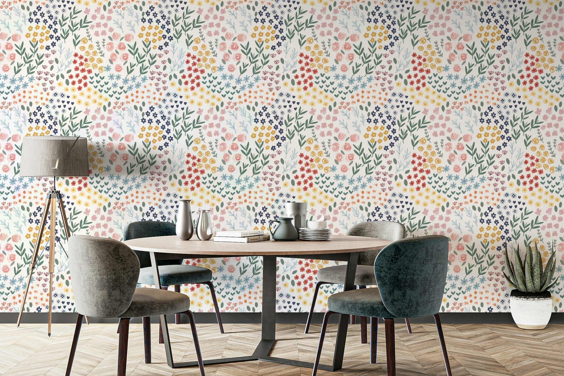 Whimsical floral patch wallpaper mural

