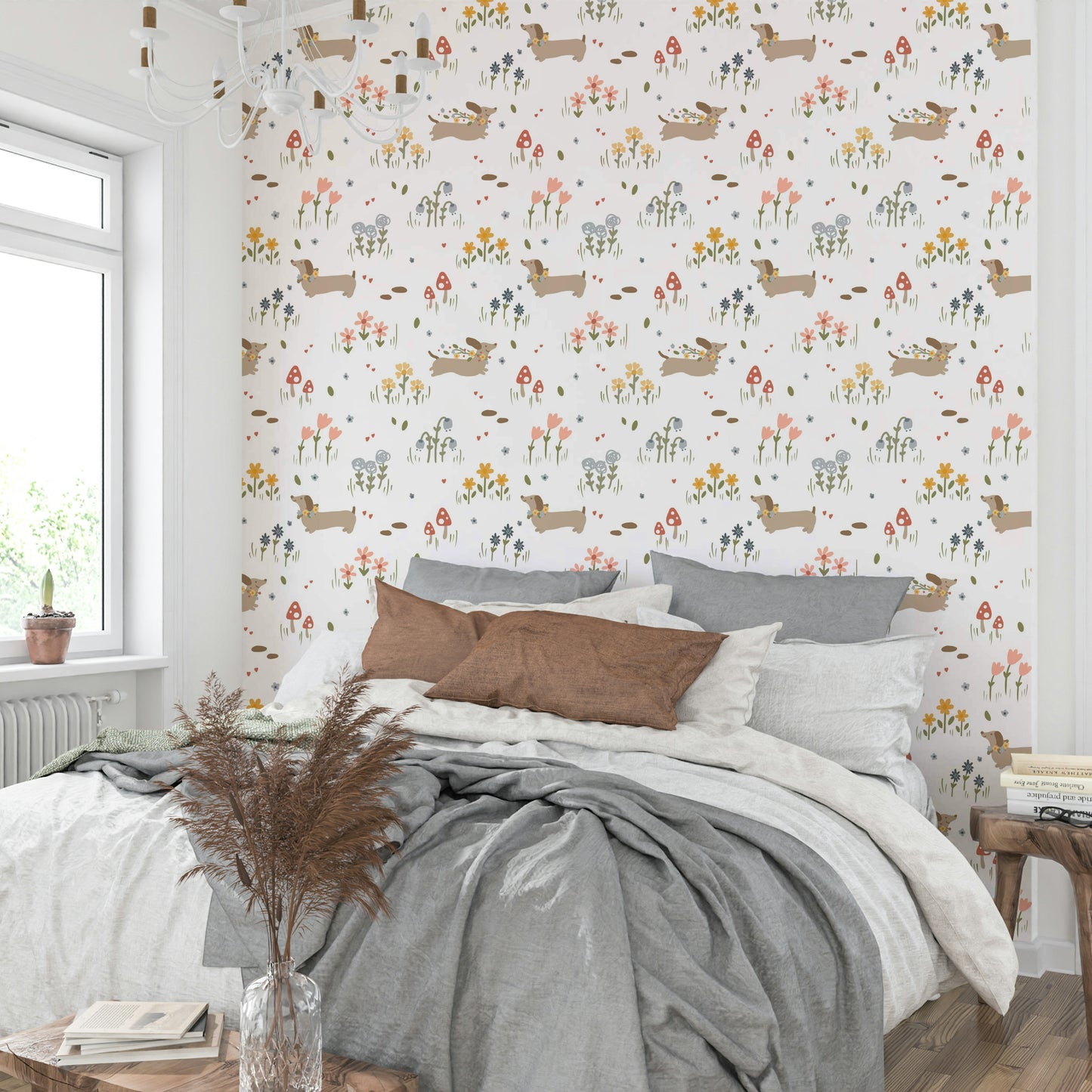 Fun dog and floral wall mural for room

