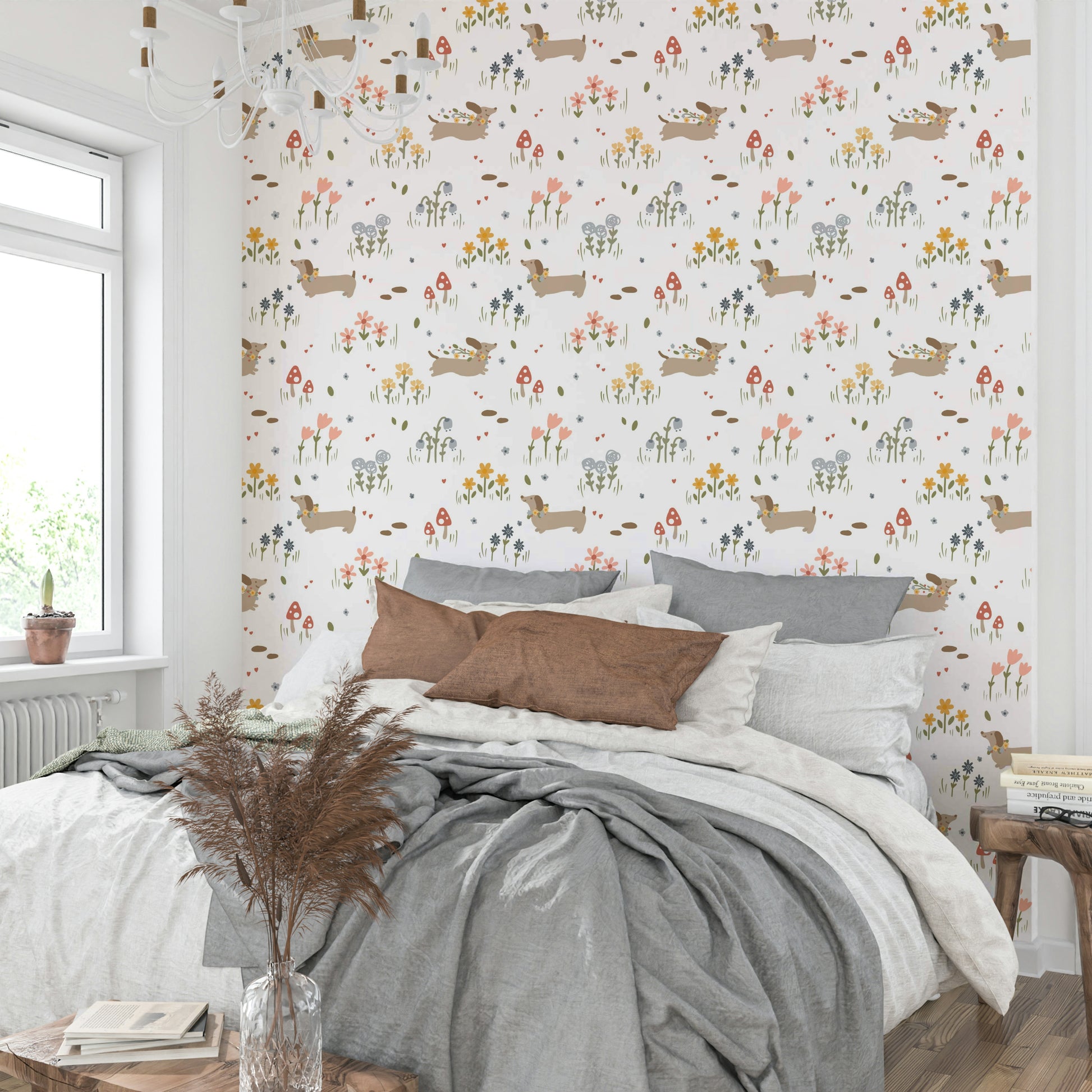 Fun dog and floral wall mural for room

