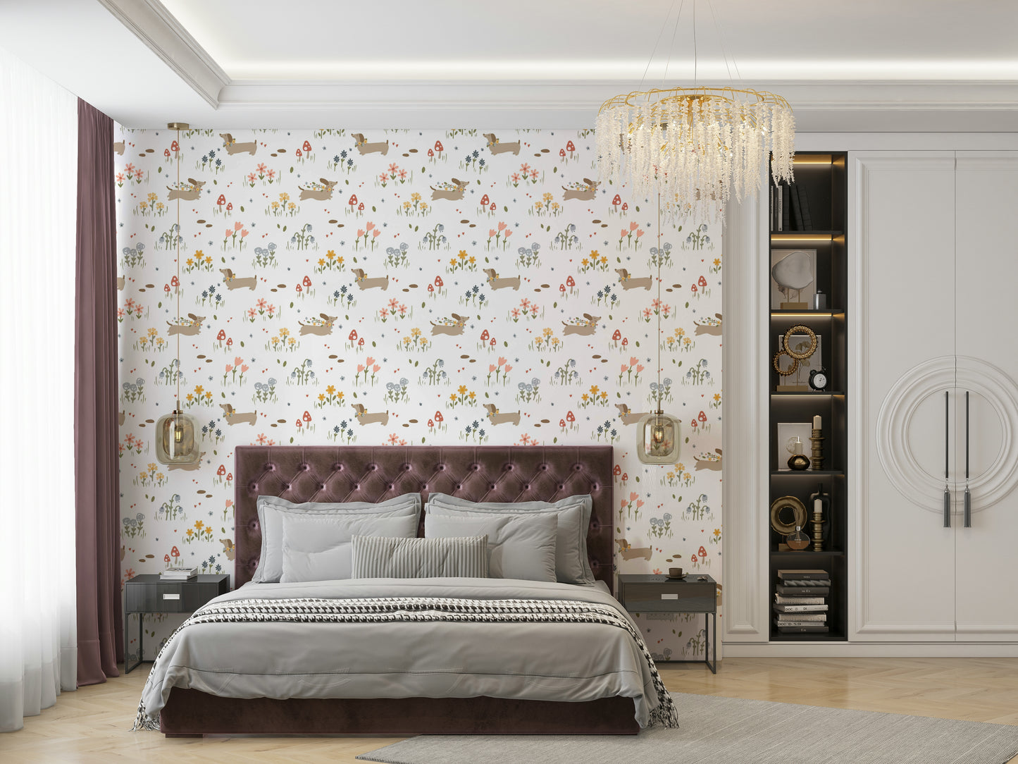 Puppy and botanical pattern wallpaper

